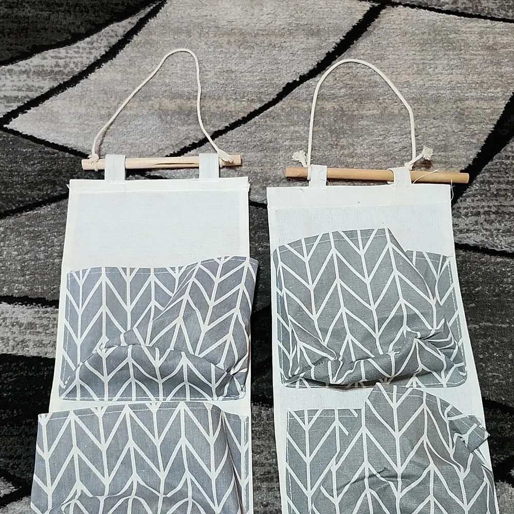 2- HOME GRAY CANVAS WATERPROOF WALL HANGING 3-POCKETS STORAGE ORGANIZER